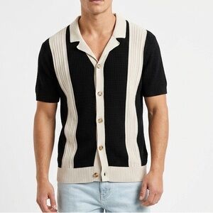 Sandstone Men Large Black and Cream Short Sleeve Knit Button Down Short Sleeves